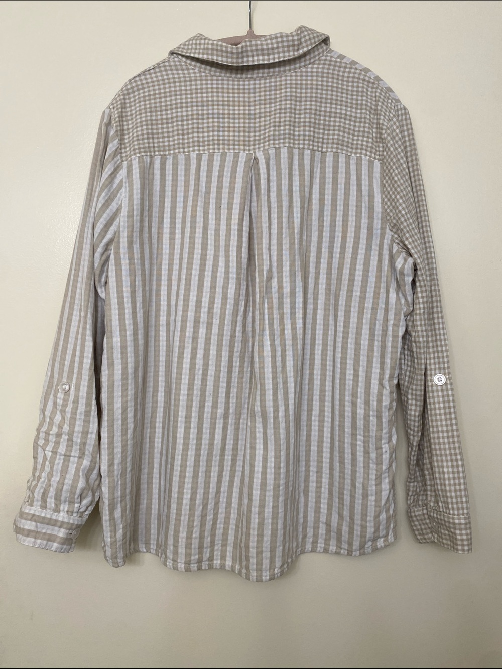 Beige & White Mixed Stripe and Gingham Button-Down Shirt - Picture 4 of 4